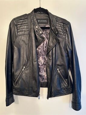 GUESS Black Quilted Shoulder Leather Moto Jacket